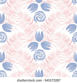 Vector tropical leaves pattern. Palm watercolor seamless background. Exotic trendy leaves print. Summer swimwear hand drawn texture. Aloha backdrop.