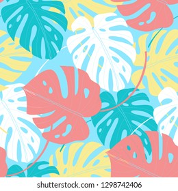 vector tropical leaves pattern. pink, blue and yellow monstera leaves