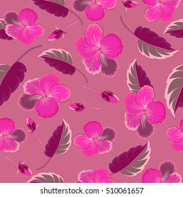 Vector tropical leaves and pink flowers seamless pattern. Hand painted illustration in pink colors.