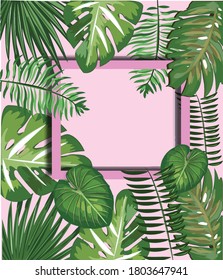 hojas tropicales vectoriales y plantas con marco 3D y fondo rosado