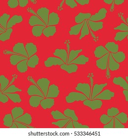 Vector tropical leaves and red and green flowers seamless pattern. Hand painted illustration in red and green colors.