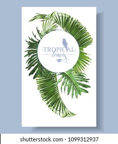 Vector tropical leaves round banner on white background. Exotic botanical design for cosmetics, spa, perfume, health care products, aroma, wedding invitation. With place for text