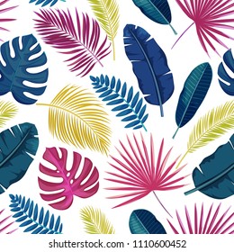 Vector tropical leaves seamless pattern. Jungle exotic banana leaf, philodendron, areca palm, royal fern and plumeria. Background summer tropical paradise design vacation.