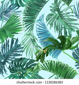 Vector tropical leaves seamless pattern on light blue. Exotic botanical design for cosmetics, spa, perfume, health care products. Can be used as greeting or wedding background. Best for wrapping paper