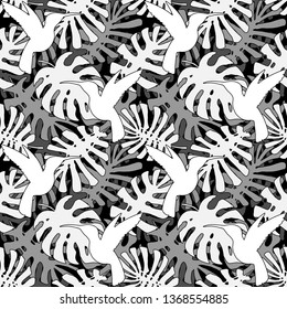 Vector tropical leaves seamless pattern. Endless texture with monstera leaf. Black and white jungle background for fabrics, textile print, wrapping paper, season design, card, decoration, invitation.