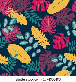 Vector tropical leaves in seamless pattern in various colors in dark blue background,Tropical leaf group illustrations