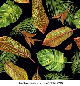 Vector tropical leaves seamless pattern. Exotic design for cosmetics, perfume, health care products. Can be used as wedding or web page background.  Best for hawaiian style fabric, wrapping paper