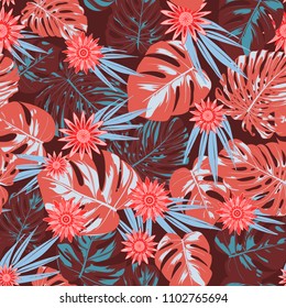 Vector Tropical Leaves and Stylized Flowers. Seamless Pattern with Philodendron and Daisies. Watercolor Effect. Exotic Floral Background. Tropic Seamless Pattern with Jungle Foliage of Monstera.