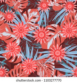 Vector Tropical Leaves and Stylized Flowers. Seamless Pattern with Philodendron and Daisies. Watercolor Effect. Exotic Floral Background. Tropic Seamless Pattern with Jungle Foliage of Monstera.