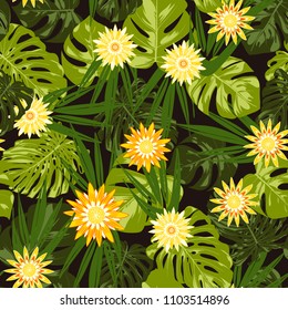 Vector Tropical Leaves and Stylized Flowers. Seamless Pattern with Philodendron and Daisies. Watercolor Effect. Exotic Floral Background. Tropic Seamless Pattern with Jungle Foliage of Monstera.