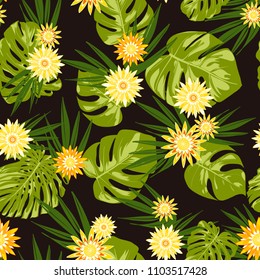 Vector Tropical Leaves and Stylized Flowers. Seamless Pattern with Philodendron and Daisies. Watercolor Effect. Exotic Floral Background. Tropic Seamless Pattern with Jungle Foliage of Monstera.