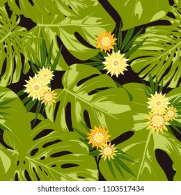 Vector Tropical Leaves and Stylized Flowers. Seamless Pattern with Philodendron and Daisies. Watercolor Effect. Exotic Floral Background. Tropic Seamless Pattern with Jungle Foliage of Monstera.