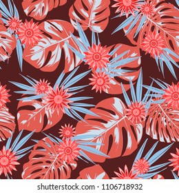 Vector Tropical Leaves and Stylized Flowers. Seamless Pattern with Philodendron and Daisies. Watercolor Effect. Exotic Floral Background. Tropic Seamless Pattern with Jungle Foliage of Monstera.