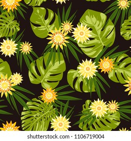 Vector Tropical Leaves and Stylized Flowers. Seamless Pattern with Philodendron and Daisies. Watercolor Effect. Exotic Floral Background. Tropic Seamless Pattern with Jungle Foliage of Monstera.