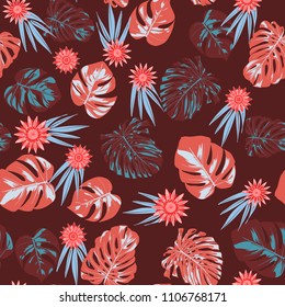 Vector Tropical Leaves and Stylized Flowers. Seamless Pattern with Philodendron and Daisies. Watercolor Effect. Exotic Floral Background. Tropic Seamless Pattern with Jungle Foliage of Monstera.
