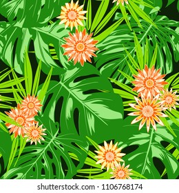 Vector Tropical Leaves and Stylized Flowers. Seamless Pattern with Philodendron and Gerbera. Watercolor Effect. Exotic Floral Background. Tropic Seamless Pattern with Jungle Foliage of Monstera.