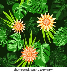 Vector Tropical Leaves and Stylized Flowers. Seamless Pattern with Philodendron and Gerbera. Watercolor Effect. Exotic Floral Background. Tropic Seamless Pattern with Jungle Foliage of Monstera.