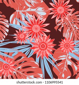 Vector Tropical Leaves and Stylized Flowers. Seamless Pattern with Philodendron and Daisies. Watercolor Effect. Exotic Floral Background. Tropic Seamless Pattern with Jungle Foliage of Monstera.