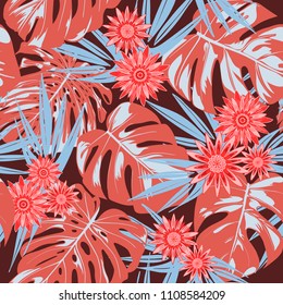Vector Tropical Leaves and Stylized Flowers. Seamless Pattern with Philodendron and Daisies. Watercolor Effect. Exotic Floral Background. Tropic Seamless Pattern with Jungle Foliage of Monstera.