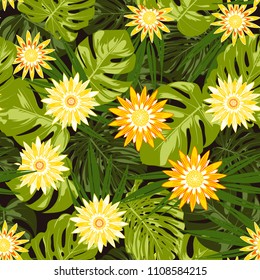 Vector Tropical Leaves and Stylized Flowers. Seamless Pattern with Philodendron and Daisies. Watercolor Effect. Exotic Floral Background. Tropic Seamless Pattern with Jungle Foliage of Monstera.