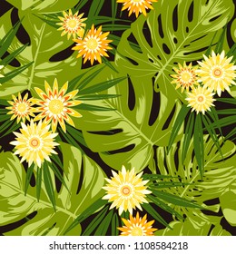 Vector Tropical Leaves and Stylized Flowers. Seamless Pattern with Philodendron and Daisies. Watercolor Effect. Exotic Floral Background. Tropic Seamless Pattern with Jungle Foliage of Monstera.