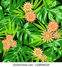 Vector Tropical Leaves and Stylized Flowers. Seamless Pattern with Philodendron and Gerbera. Watercolor Effect. Exotic Floral Background. Tropic Seamless Pattern with Jungle Foliage of Monstera.