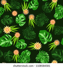 Vector Tropical Leaves and Stylized Flowers. Seamless Pattern with Philodendron and Gerbera. Watercolor Effect. Exotic Floral Background. Tropic Seamless Pattern with Jungle Foliage of Monstera.