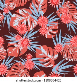 Vector Tropical Leaves and Stylized Flowers. Seamless Pattern with Philodendron and Daisies. Watercolor Effect. Exotic Floral Background. Tropic Seamless Pattern with Jungle Foliage of Monstera.