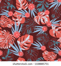 Vector Tropical Leaves and Stylized Flowers. Seamless Pattern with Philodendron and Daisies. Watercolor Effect. Exotic Floral Background. Tropic Seamless Pattern with Jungle Foliage of Monstera.