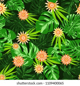 Vector Tropical Leaves and Stylized Flowers. Seamless Pattern with Philodendron and Gerbera. Watercolor Effect. Exotic Floral Background. Tropic Seamless Pattern with Jungle Foliage of Monstera.