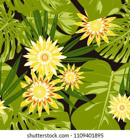 Vector Tropical Leaves and Stylized Flowers. Seamless Pattern with Philodendron and Daisies. Watercolor Effect. Exotic Floral Background. Tropic Seamless Pattern with Jungle Foliage of Monstera.