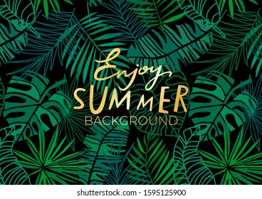 Vector tropical leaves summer background. Exotic dark template with jungle leaves on black