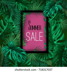 Vector tropical leaves summer sale banner poster background template. Jungle forest palm monstera floral exotic plant aloha hawaii botanical frame. Vintage retro spring illustration beach party layout