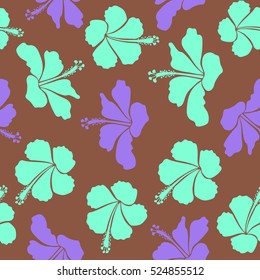 Vector tropical leaves and violet, brown and blue flowers seamless pattern. Hand painted illustration in violet, brown and blue colors.