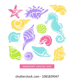 Vector tropical marine set of seashell, horse, seashell, urchin, starfish. Collection of art line shapes Travel print, logo of underwater world, summer life. Simple silhouette illustration, background