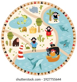 Vector tropical maze with animals and pirates. Cartoon tropical animals. African animals. Cartoon cute pirates. A game for children. Children's play mat.