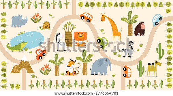 Vector tropical maze with animals in safari park. Cartoon tropical animals. African animals. Road in a safari park. Wallpaper for children.