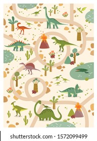 Vector tropical maze with dinosaurs in a jurassic park. Cartoon dinosaurs. Road in jurassic park. Game for children. Children's play mat. tyrannosaurus, pterodactyl, brachiosaurus, tricerathorps
