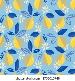 Vector tropical modern mediterranean summer lemon repeating pattern. Hand drawn bright textured citrus fruit pattern with leaf and bud on blue background. Classy simple summer backdrop.
