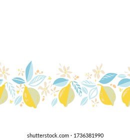 Borde de repetición de limón de verano tropical vectorial moderno. Patrón de cítricos de textura brillante dibujado a mano con hojas y brotes sobre fondo blanco. Elegante y simple telón de fondo de verano.