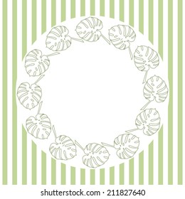 Vector tropical nature background.Frame with monstera leaves on striped back. Tropical template.Can be used as packaging,sticker,cards,invitation,birthday card, surface textures.Vector Illustration.