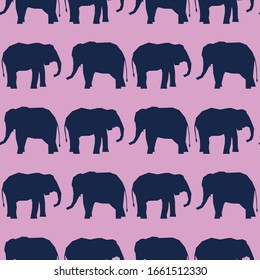 
Vector tropical navy blue elephants in a line, seamless repeat pattern on purple background. Use for textile design, fashion prints, papers and print on demand products.