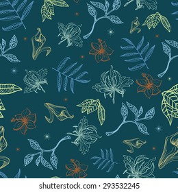Vector Tropical Night Lineart Flowers Seamless Pattern