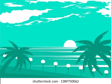 vector tropical ocean beach illustration, nature landscape, seascape