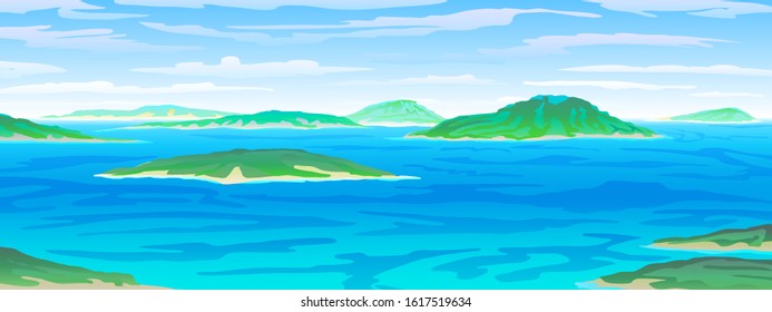 vector Tropical ocean landscape with island at turquoise ocean waives with near beach. eps 10 illustration background View of blue paradise art