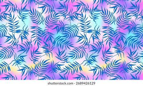 Vector tropical palm leaf pattern background. Trendy summer holographic texture, blue palm leaves print on foil rainbow gradient background for wrapping, decor, wallpapers, natural cover, backdrop.