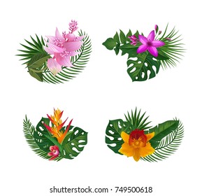 Vector tropical palm leaves and exotic flower elements bouquets isolated on white background. Leaf palm and summer hawaii flower bouquet illustration