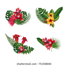 Vector tropical palm leaves and exotic flower elements bouquets isolated on white background illustration