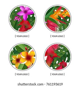 Vector tropical palm leaves and exotic flower elements round logo symbols set isolated on white background illustration