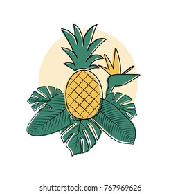 Vector Tropical Palm leaves, flower and pineapple. Philodendron, monstera leaves. Bird of paradise flower. Composition of Jungle leaves.